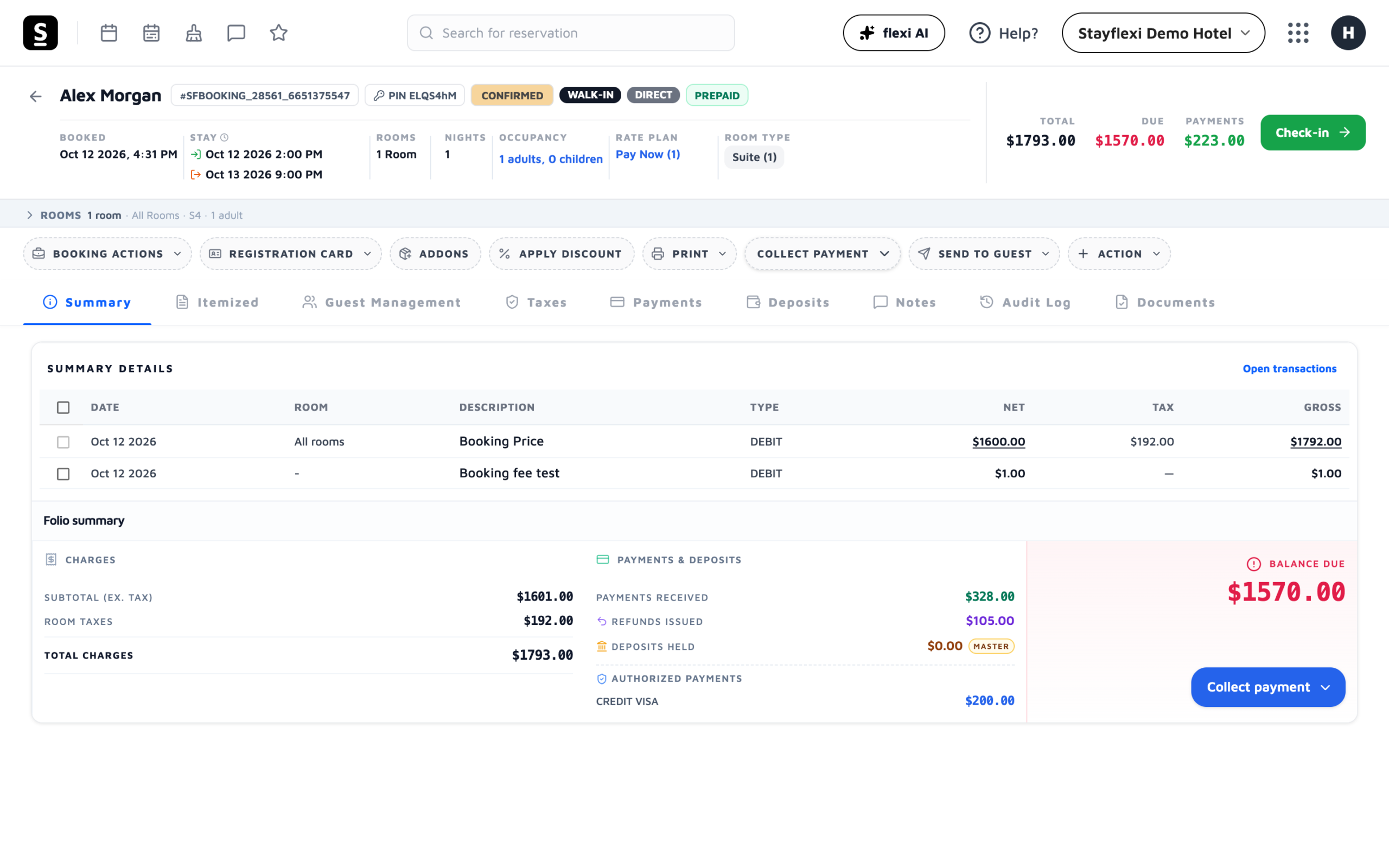 Folio with the action bar, the Folio summary and the Collect payment button