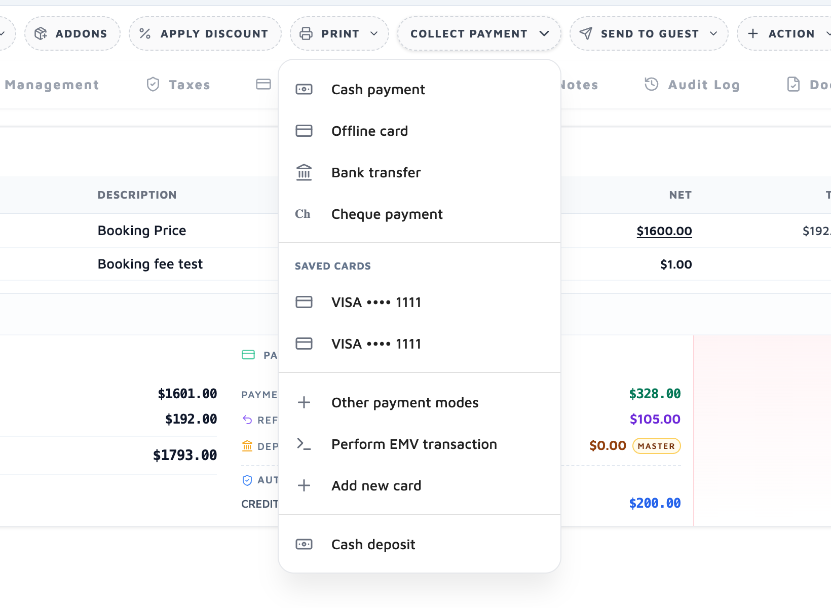 Collect payment menu with the guest's saved cards