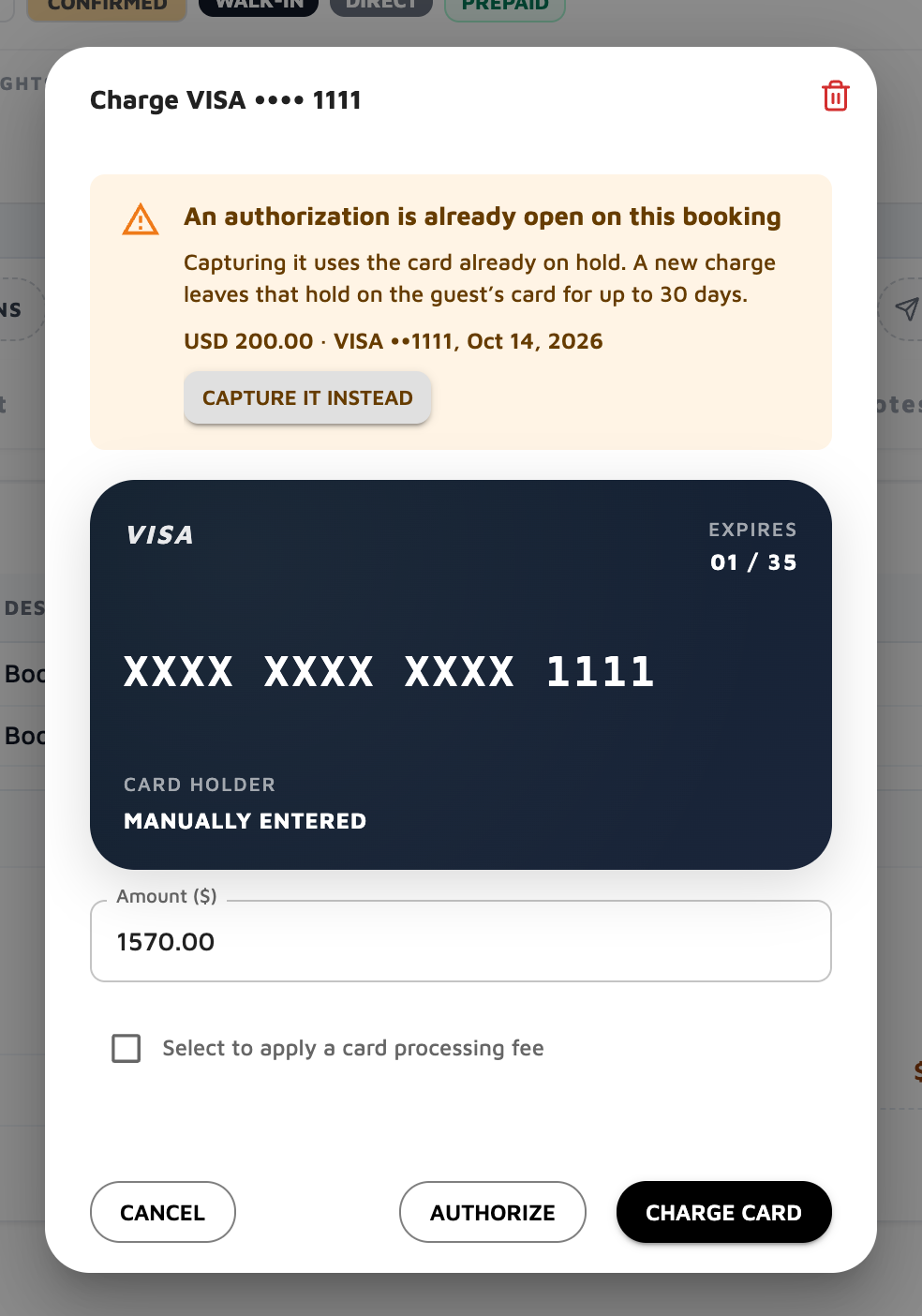 Charge a saved card. The trash icon removes the card from the booking.