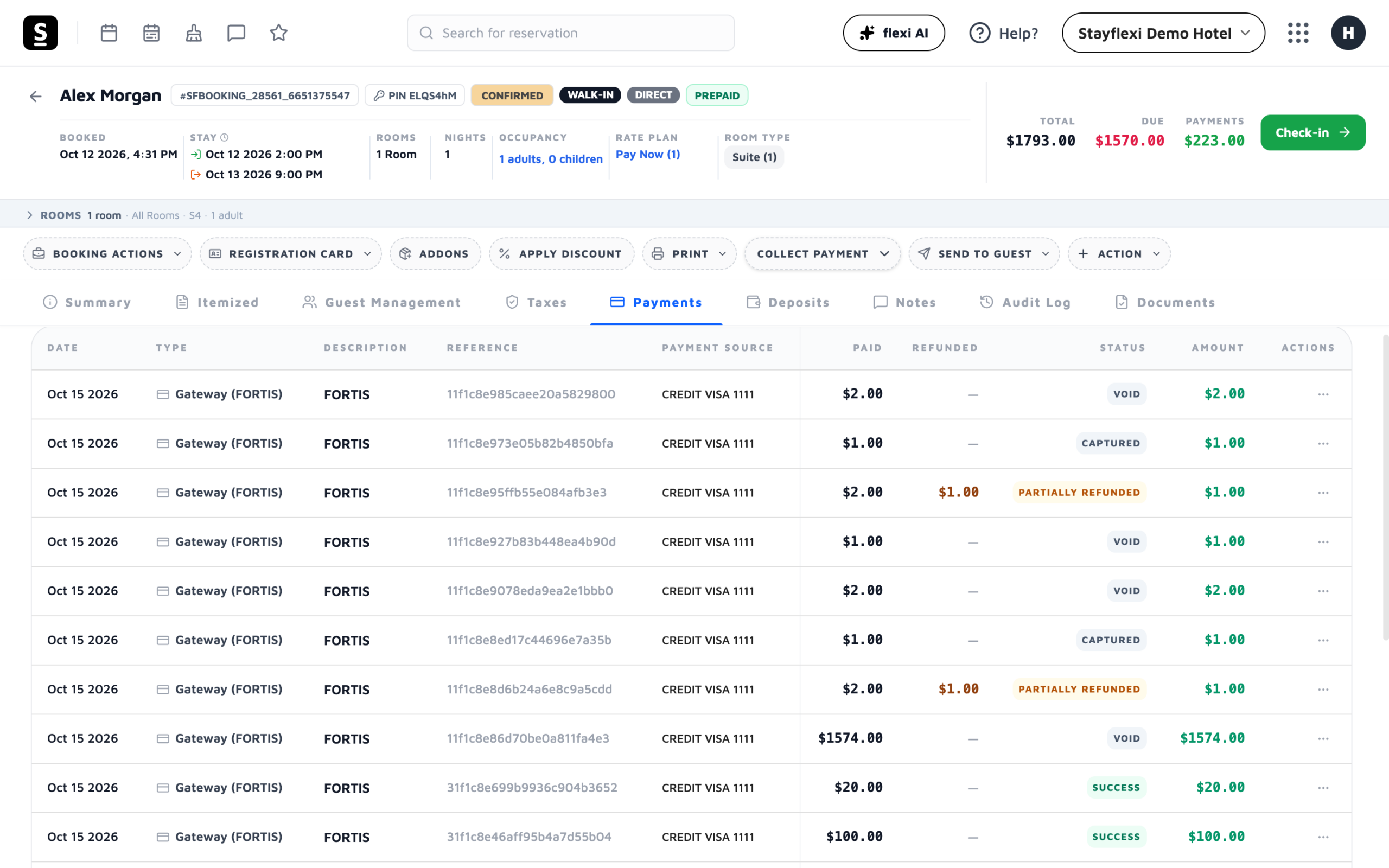 Payments tab with card payments in different statuses