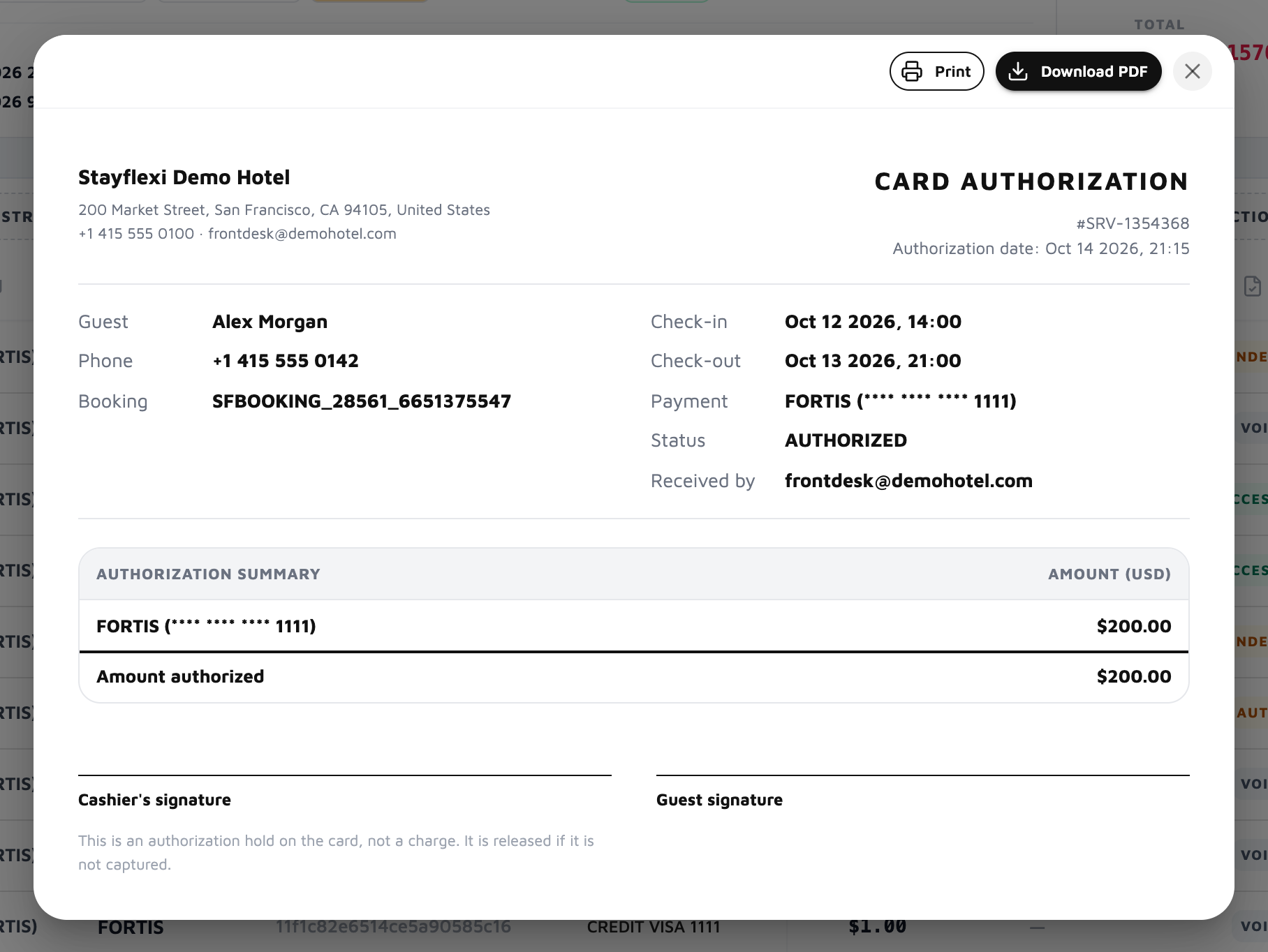 Card authorization receipt