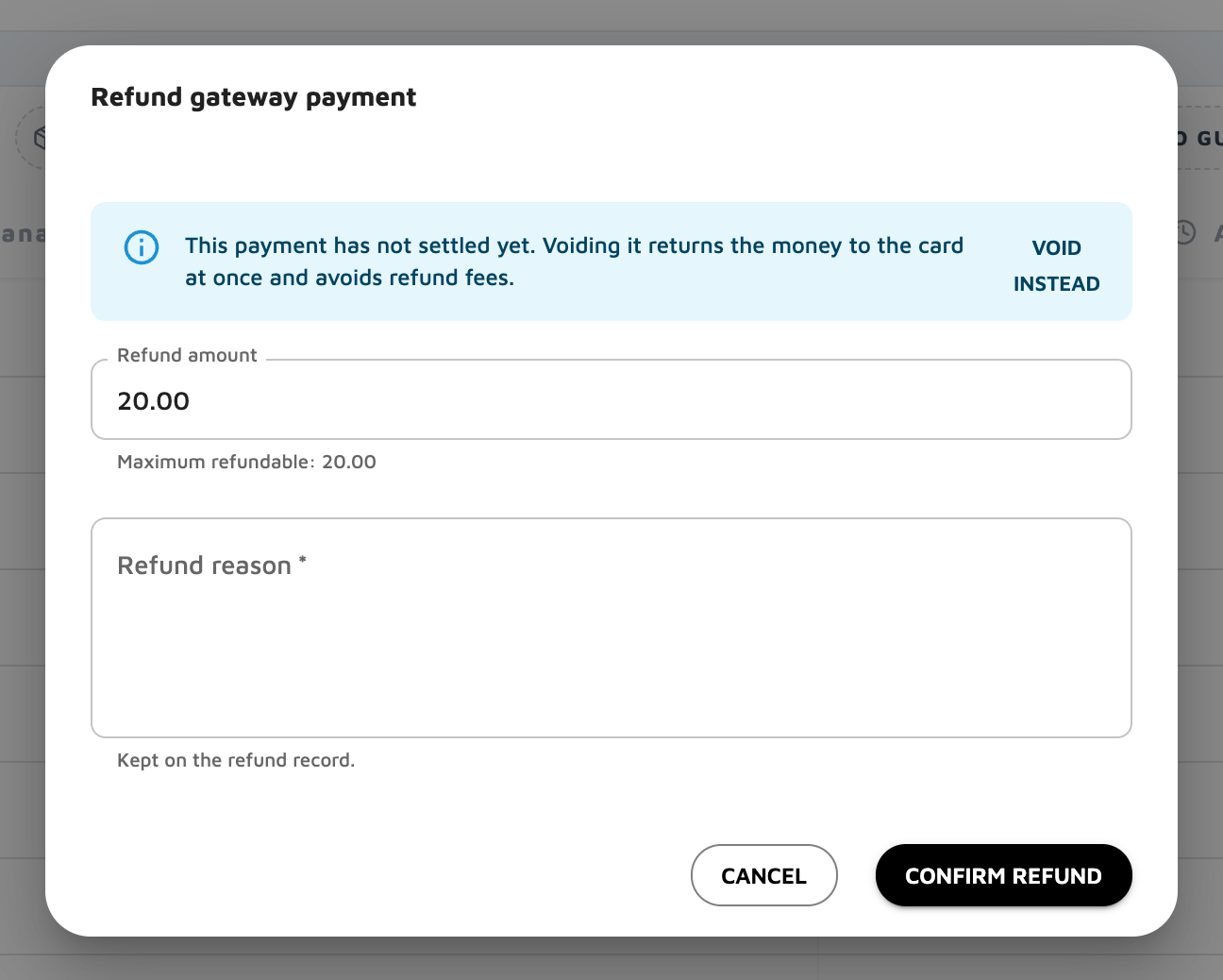 Refund a payment. For an unsettled payment, Stayflexi suggests voiding instead.