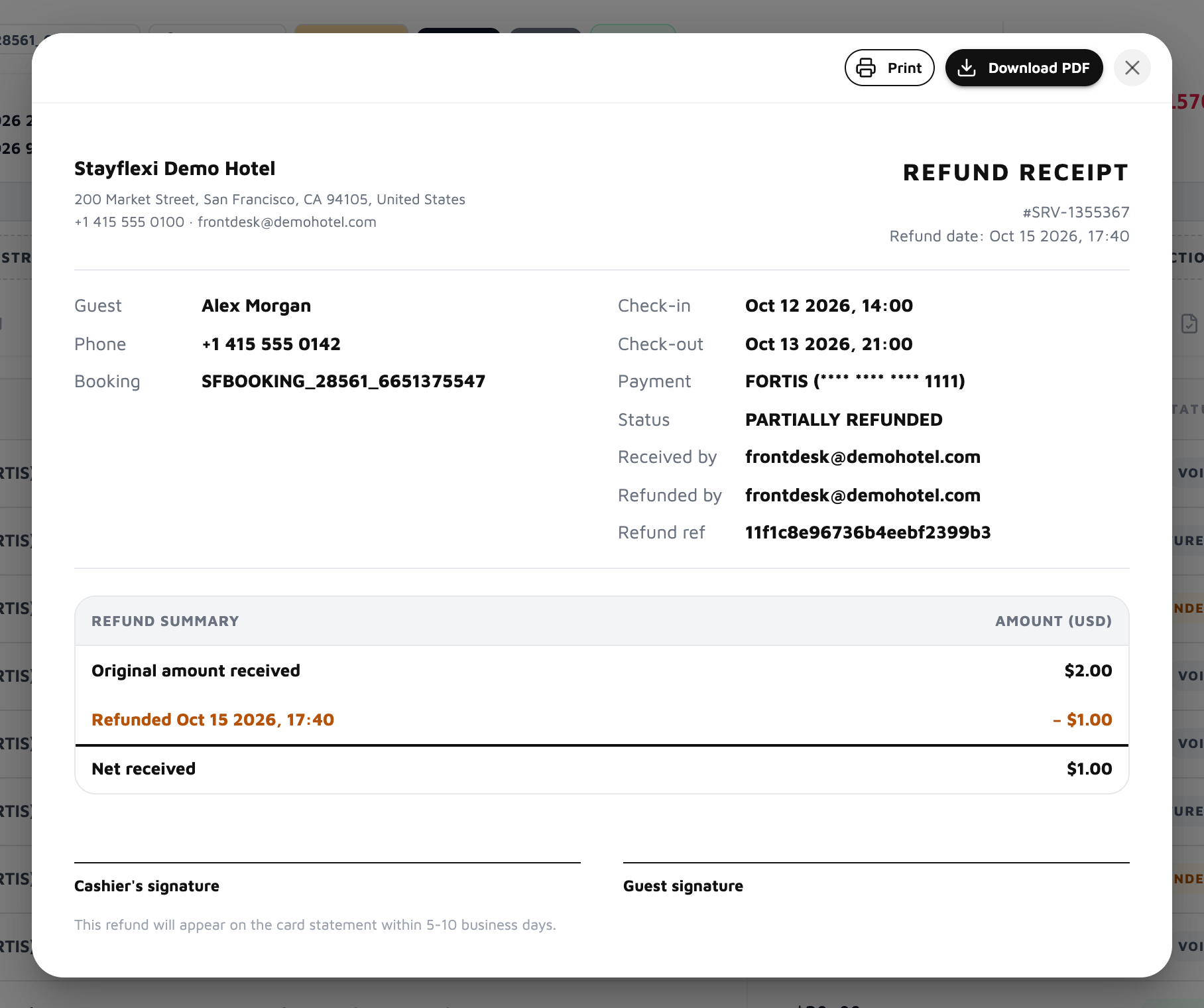 Refund receipt with the original amount, the refund and the net received