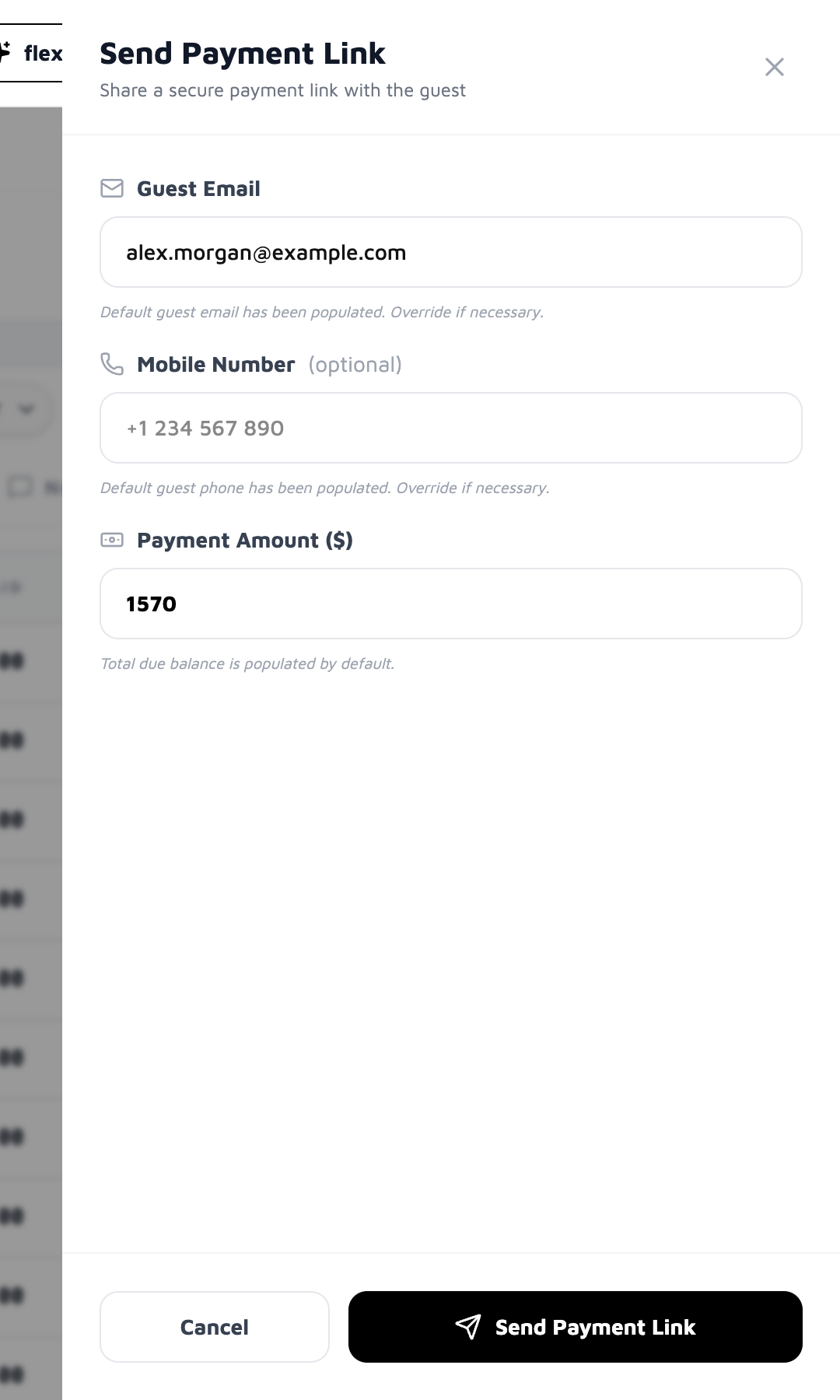 Send payment link. The mobile number is optional.