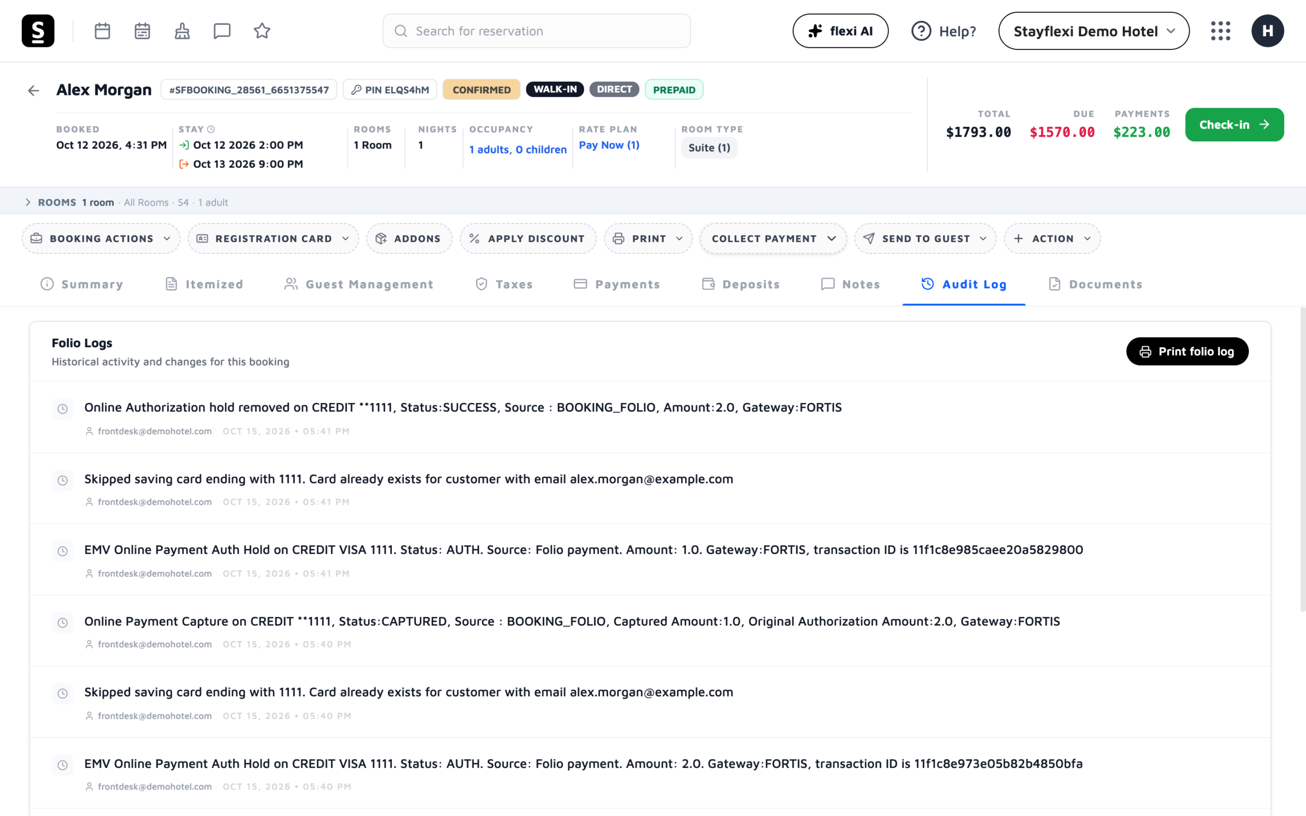 Audit Log with payment activity on the booking